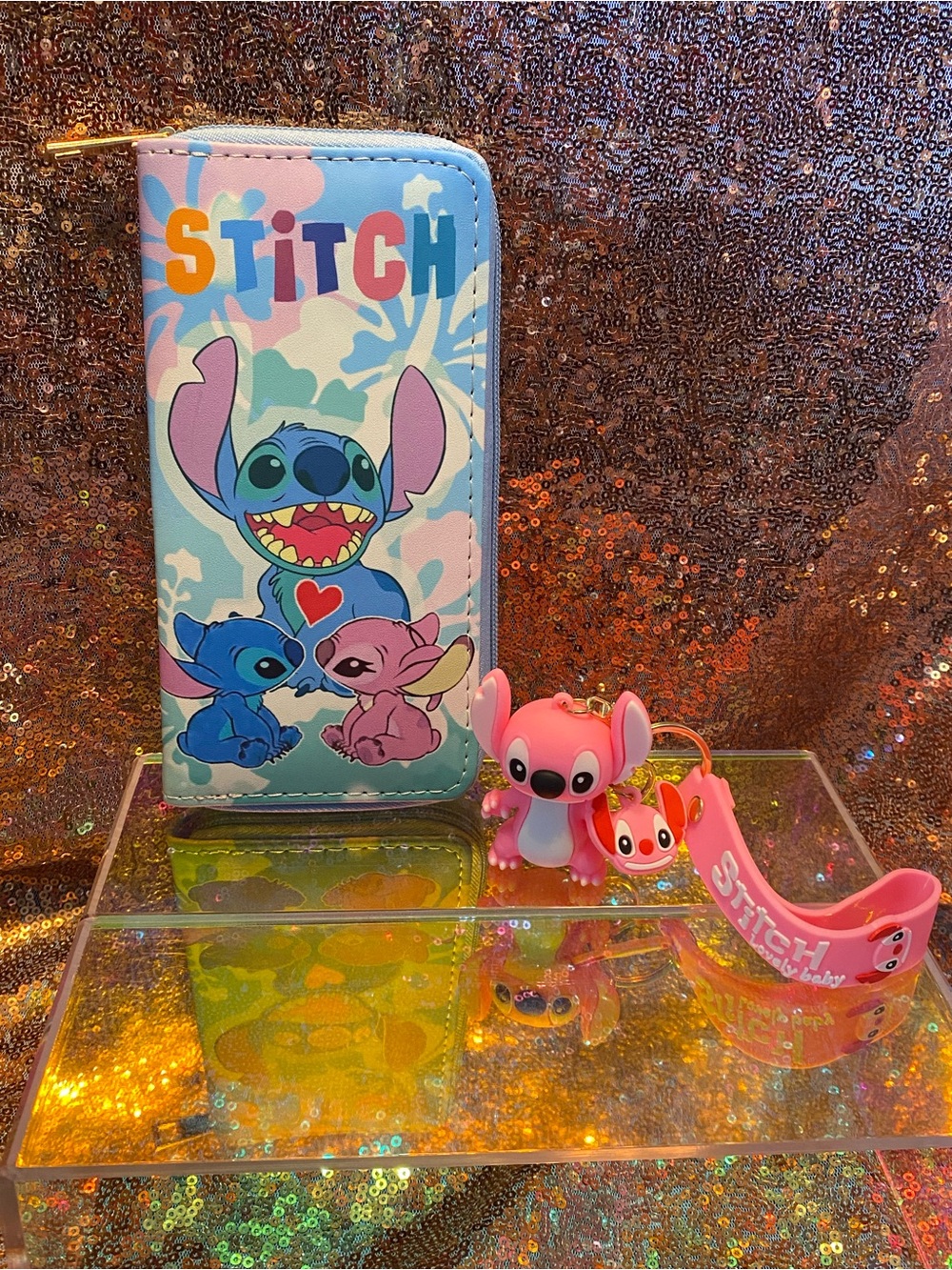 Stitch & Angel Long Zip Wallet + Pink 3D Keychain Set | NWOT Kawaii